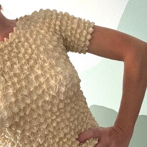 Magic Scarf Popcorn Bubble Top Cream Crinkle Shirt Short Sleeve 90s Y2K One Size